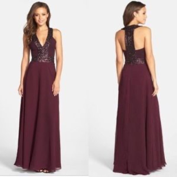 DRESS THE POPULATION Delani Sequin Crepe Gown Maxi Dress Purple Size M Party - Picture 12 of 12